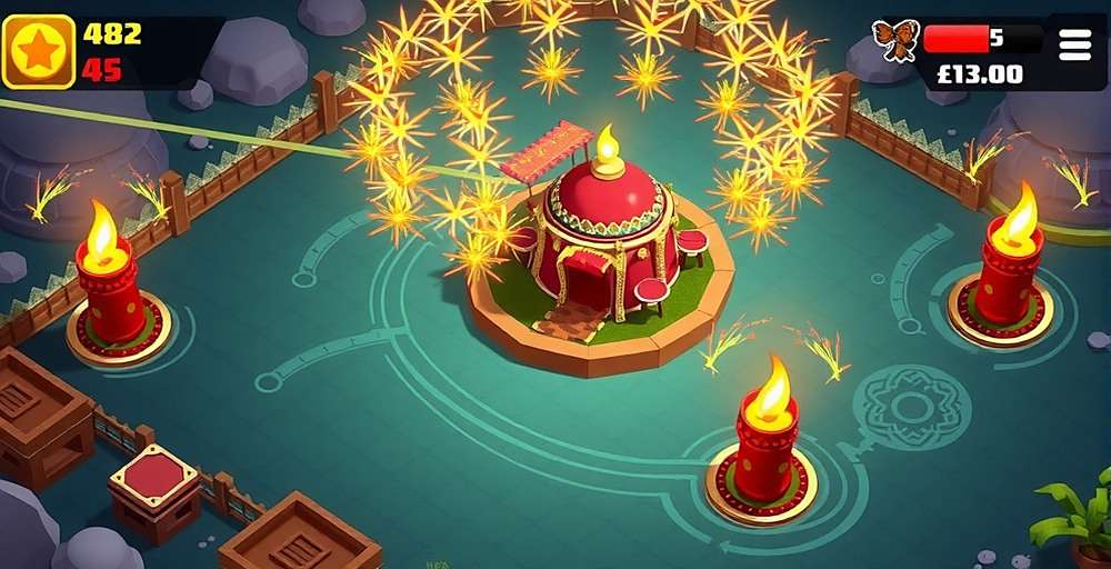 Fiesta Defensive Giants Gameplay Fiesta Defensive Giants gameplay showing a Diwali defense setup with fireworks towers and enemy waves approaching