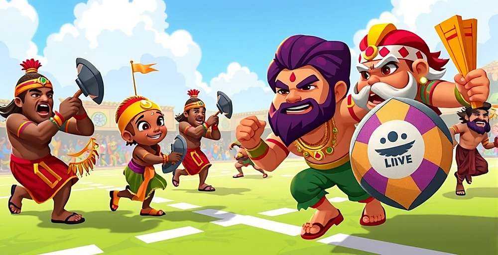 Fiesta Defensive Giants Official Cover Fiesta Defensive Giants game cover featuring colorful Indian festival defense formation with various characters